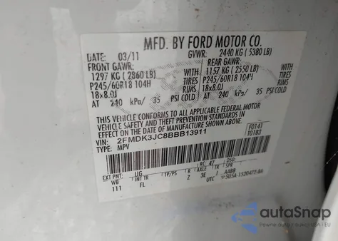 2011 Ford Edge Sel from USA, damaged, VIN 2FMDK3JC8BBB13911